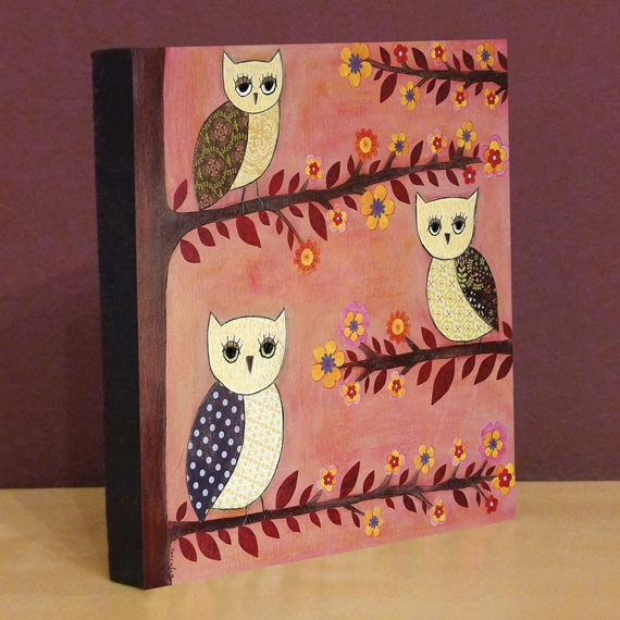 Small Art Block Print Three Wise Owls 