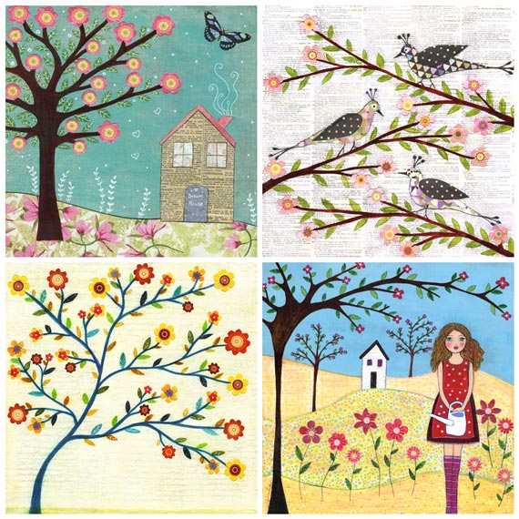 Art Print Set 5" by 5" - Flowers,Birds and Houses